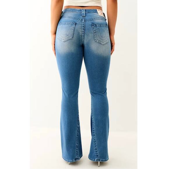 True Religion Terra Cotta Indigo Joey Terry Mid Rise Flare Flap Jeans Size 33 - Picture 2 of 9